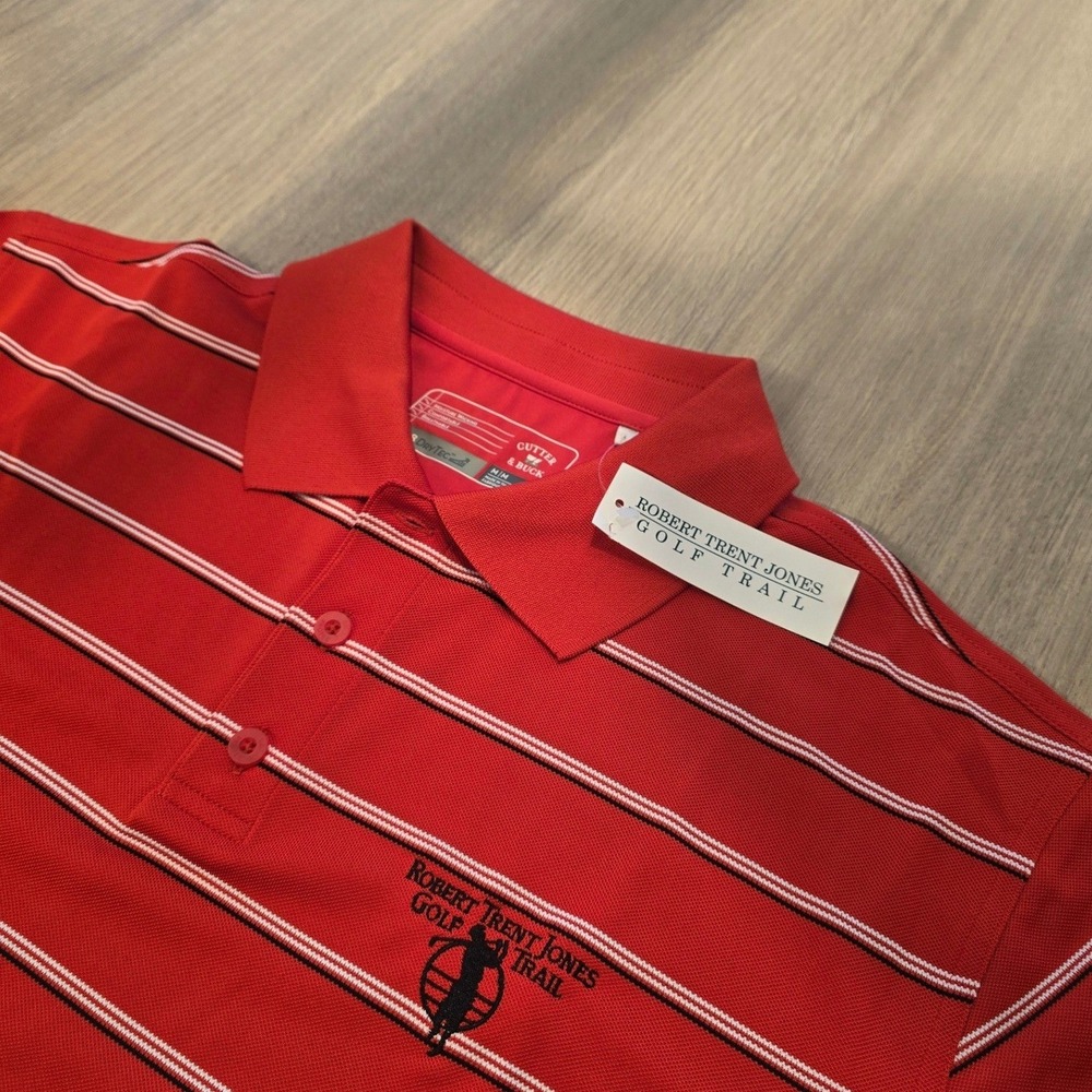 NWT Cutter & Buck Mens Polo Shirt Medium Striped Robert Trent Jones Golf Trail